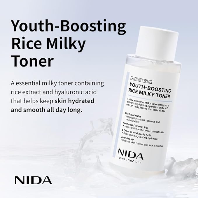 NIDA Youth-boosting Rice Milky Toner, for Glass Skin | Rice Bran Extract, Niacinamide, Ceramide NP, Panthenol | Deep Moisturizing, Hydrating and Refreshing, Korean Skin Care | 5.07 fl. oz., 150ml