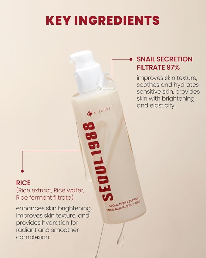K-SECRET SEOUL 1988 Snail Mucin 97% Essence – Concentrated Yet Lightweight Formula Infused with 97% Snail Mucin | Soothing & Fast-Absorption Facial Serum | Korean Skincare, 100ml / 3.38 fl oz