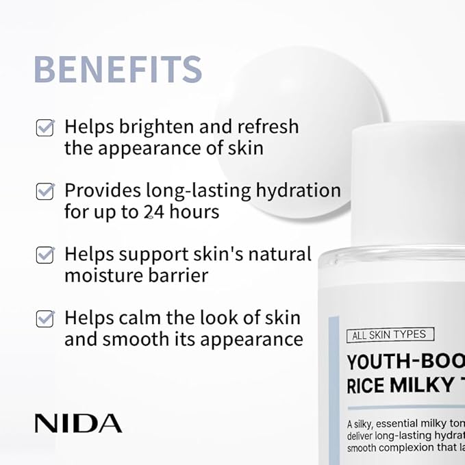 NIDA Youth-boosting Rice Milky Toner, for Glass Skin | Rice Bran Extract, Niacinamide, Ceramide NP, Panthenol | Deep Moisturizing, Hydrating and Refreshing, Korean Skin Care | 5.07 fl. oz., 150ml