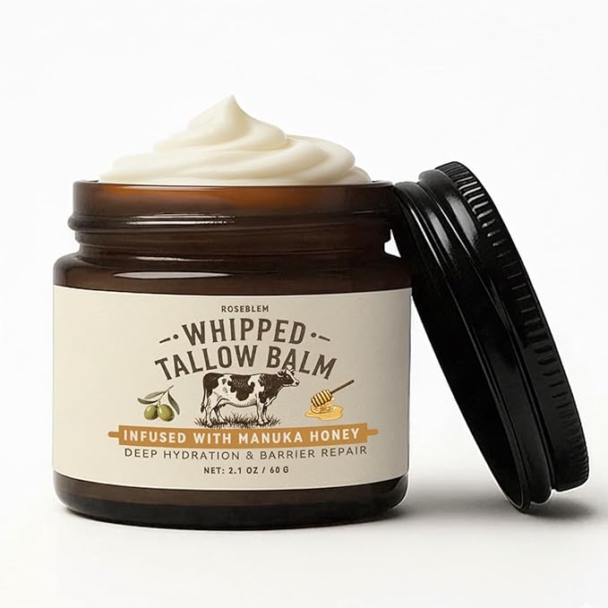 Whipped Tallow Honey Balm, Beef Tallow for Skin Face, 100% Organic Grass-Fed Beef Tallow Balm with Raw Honey, Hydrating Repairing Tallow Face Moisturizer for Dry & Sensitive Skin, Unscented, 2 Oz