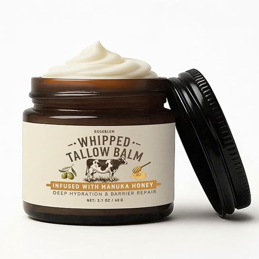 Whipped Tallow Honey Balm, Beef Tallow for Skin Face, 100% Organic Grass-Fed Beef Tallow Balm with Raw Honey, Hydrating Repairing Tallow Face Moisturizer for Dry & Sensitive Skin, Unscented, 2 Oz