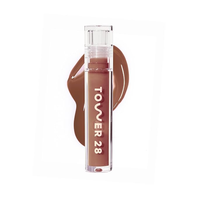 Tower 28 ShineOn Lip Gloss Jelly - Hydrating Tinted Lip Balm + Milky Gloss for Sensitive Lips - Non-Sticky + High-Shine Jelly Formula with Nourishing Oil Blend - Almond - Chocolate (0.13)