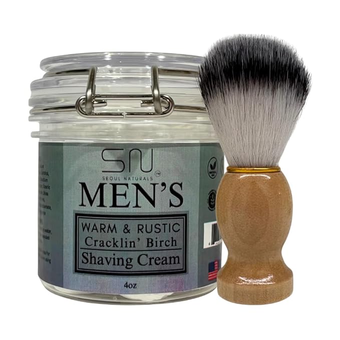 Seoul Naturals Warm and Rustic Cracklin' Birch Shaving Cream with Barber Brush, k beauty, 6 oz