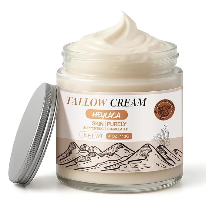 Organic Grass Fed Beef Tallow for Skin - Whipped Moisturizer for Skin + Face - Natural Body Lotion Cream Infused with Manuka Honey Beeswax Olive Oil(4 oz Unsented)