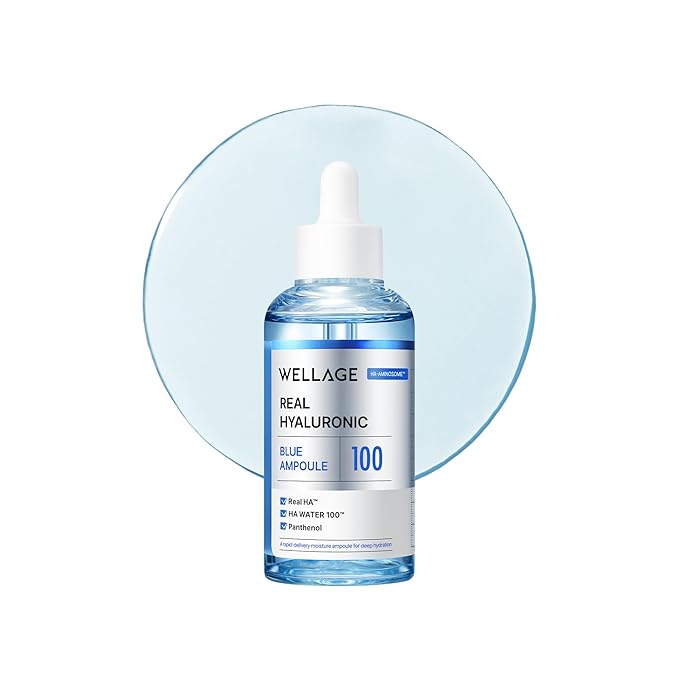 WELLAGE Real Hyaluronic Blue Ampoule 100, Korean Hydrating Serum for Face, Fragrance Free Hyaluronic Acid Deep Moisturizing Serum with Panthenol, PDRN for Sensitive Dry Skin Moisturizer, 2.54 Fl Oz_R