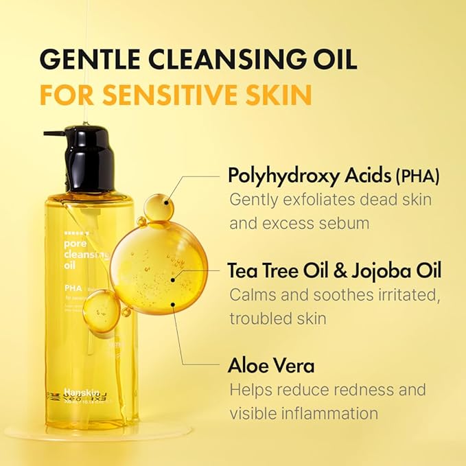 Hanskin PHA Pore Cleansing Oil - Korean Deep Pore Cleansing Makeup & Sebum Remover XL, Blackhead & Large Pores Cleanser for Sensitive Skin, Double Cleansing First Step, Plant-Based Care, 10.14oz
