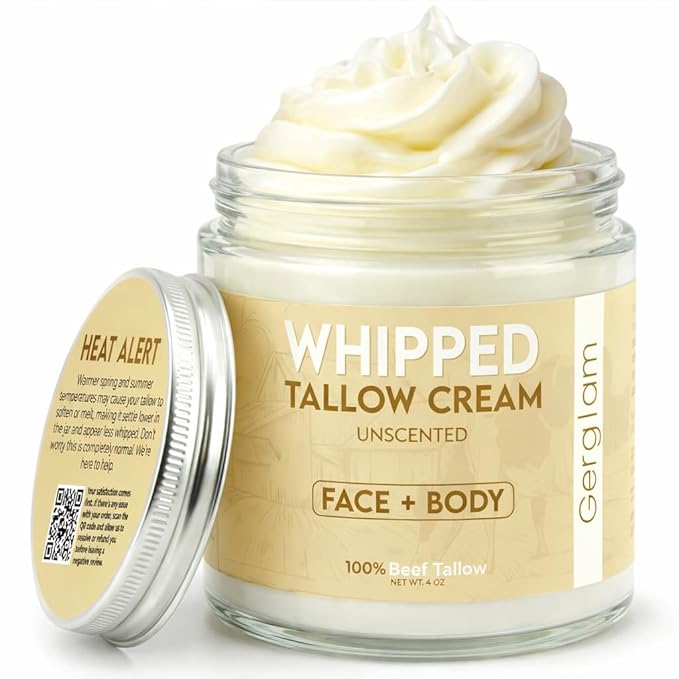 Beef Tallow for Skin, Whipped Beef Tallow Balm for Face & Body with Shea Butter, Grass Fed Beef Tallow for Eczema, Dry Sensitive Skin and Rosacea 4 Oz (Unscented)
