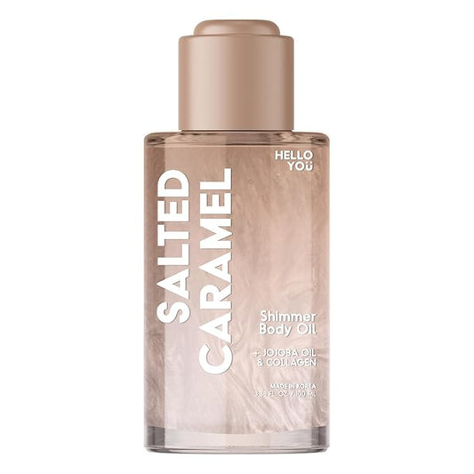 Hello You Jojoba Oil & Collagen Shimmer Body Oil – Dermatologist Tested, Anti Aging, Korean Skin Care – Firming Glow, Hydrating Moisturizer with Salted Caramel Scent – Vegan Clean Beauty – 3.38 Fl Oz