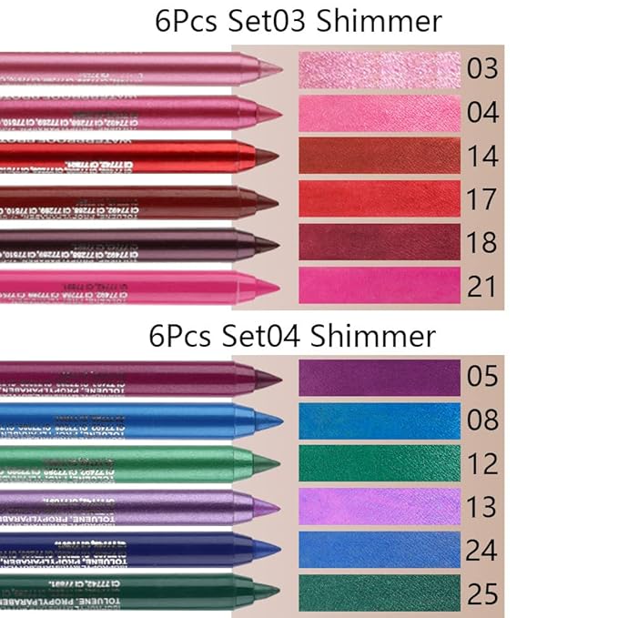 evpct 6Pcs Dark Light Royal Blue Emerald Green Purple Colored Glitter Eyeliner Pencils Set Women Waterproof
