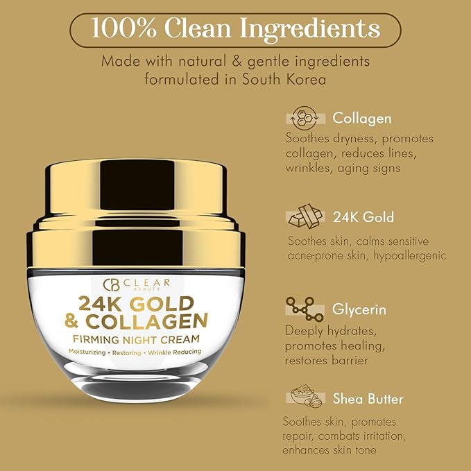 Clear Beauty 24K Gold & Collagen Night Cream – Firming & Ultra Hydrating Face Moisturizer – Restores Smooth, Youthful Looking Skin – Dermatologist Tested, Korean Skin Care, Clean Beauty – 1.69 Fl Oz