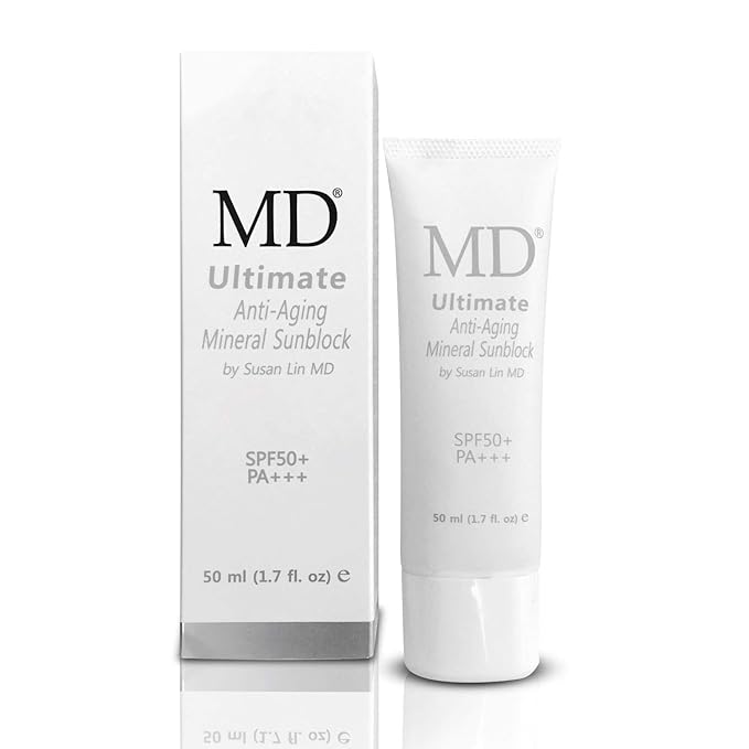 MD Ultimate Anti-Aging Tinted Mineral Sunscreen SPF 50 - Flesh-Colored Zinc and Titanium Sunblock - Pore-Minimizing Matte Primer for Men and Women - Smear-Proof and Waterproof, 1.7oz