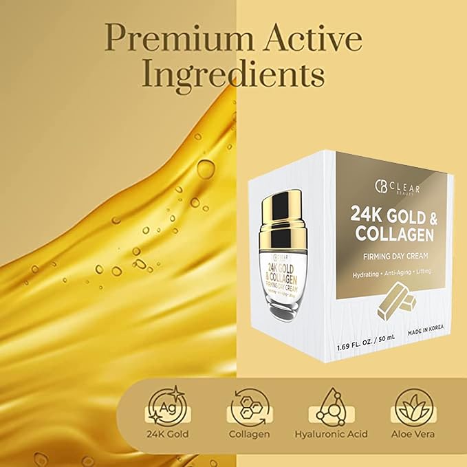 Clear Beauty 24K Gold & Collagen Day Cream Face Moisturizer – Dermatologist Tested, Anti Aging Korean Skin Care – Anti Wrinkle, Firms & Hydrates For Youthful Glow – Vegan, Clean Beauty – 1.69 Fl Oz