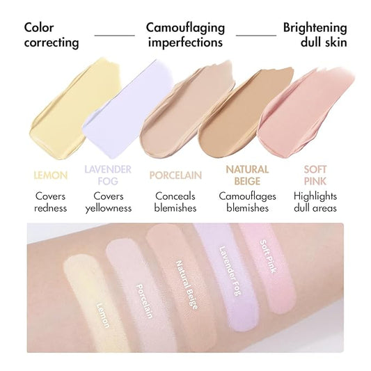 LUNA Conceal Blender Palette 02 Pure Cover 5-in-1 Color Correcting and Concealing with Lemon, Lavender Fog, Porcelain, Natural Beige and Soft Pink, Suitable for Cool and Bright Tones