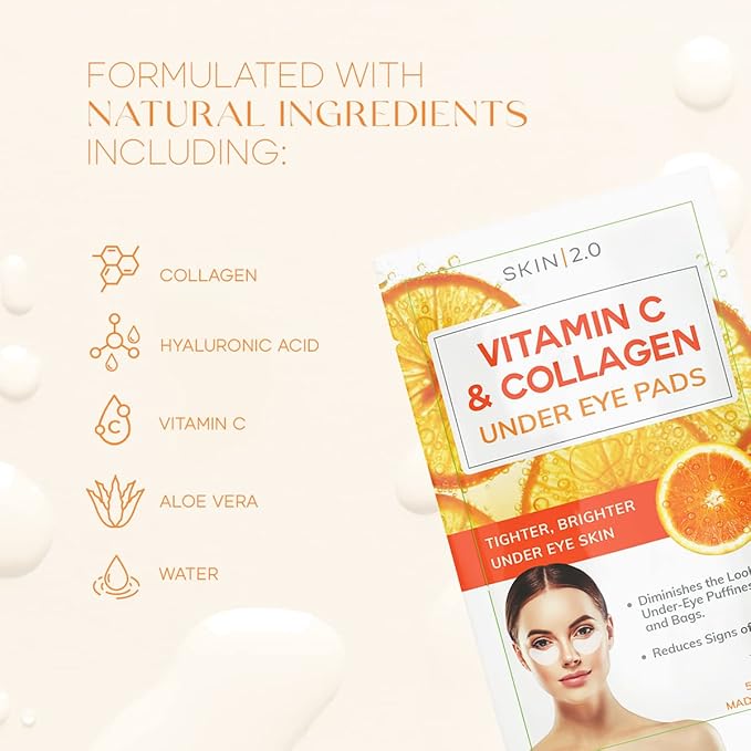 Vitamin C & Collagen Under Eye Patches - Dermatologist Tested - Brightens Dark Circles, Tightens Under Eye Area, Anti-Aging - Natural Ingredients Korean Skin Care - All Skin Types - 5 Pairs