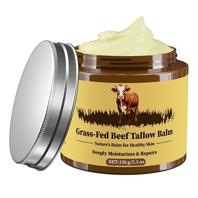 Beef Tallow for Skin, Tallow and Honey Balm, Facial Moisturizer Cream, 100% Organic Grass Fed Whipped Beef Tallow Balm Deeply Moisturizing for Face & Body, Suitable For All Skin Types(5.3oz)
