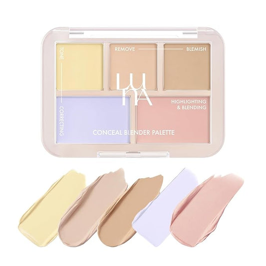LUNA Conceal Blender Palette 02 Pure Cover 5-in-1 Color Correcting and Concealing with Lemon, Lavender Fog, Porcelain, Natural Beige and Soft Pink, Suitable for Cool and Bright Tones