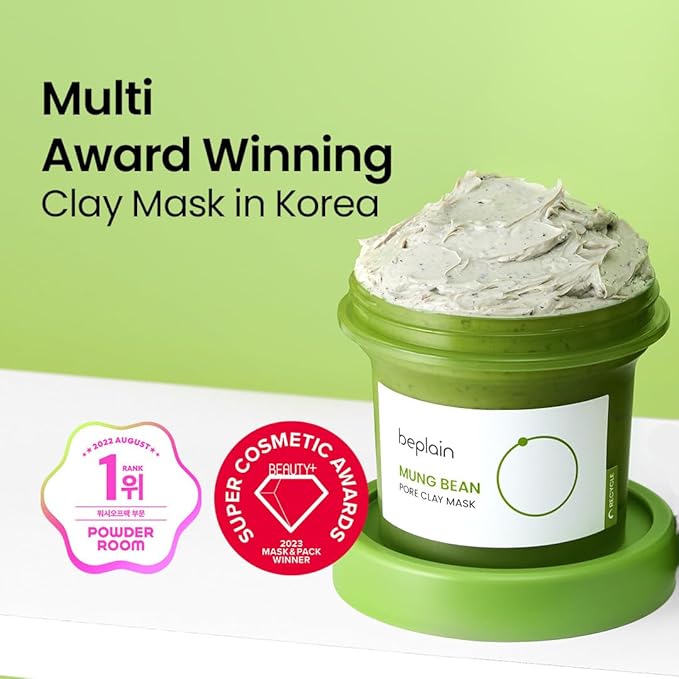 beplain Mung Bean Pore Clay mask (4.05 fl oz, 120ml) | Wash off mask for Blackhead & Whitehead care | Cleanse and visibly tighten pores | Collab with Youtuber LeoJ | Korean Clay Mask | k-beauty
