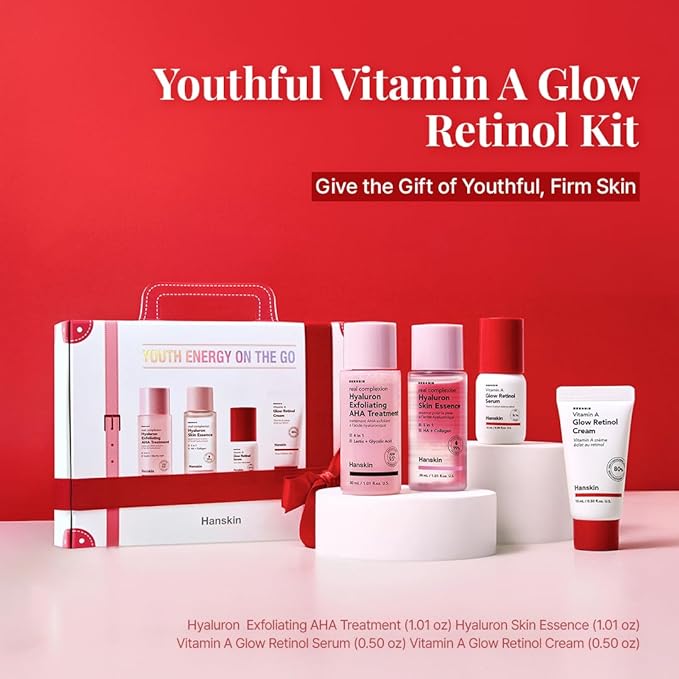 Hanskin Youth Energy On The Go Kit – Retinol & AHA Mini Skincare Set with Essence, Toner, Serum & Cream | TSA-Friendly Anti-Aging Travel Kit, Christmas Gift for Women, Stocking Stuffer