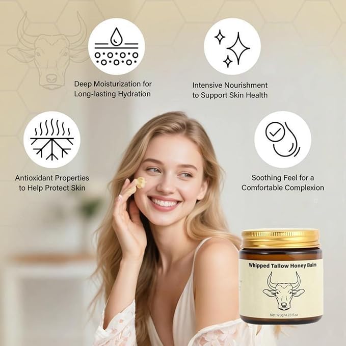 Beef Tallow for Skin - Whipped Moisturizer Balm, Natural Hydrating Cream for Face & Body, Relief for Dry & Sensitive Skin, Tallow Honey Balm (1)