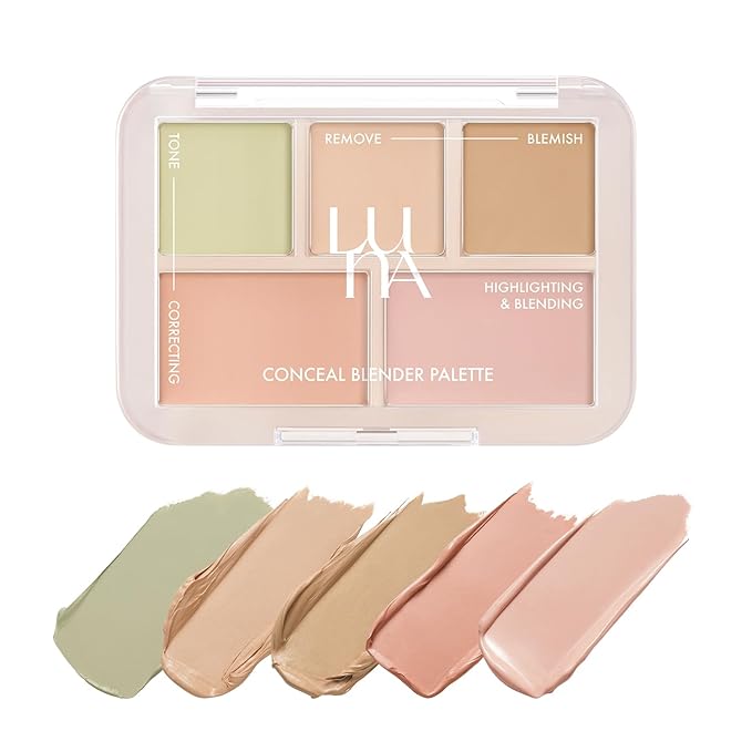 LUNA Conceal Blender Palette 01 Clear Cover 5-in-1 Color Correcting and Concealing with Beige, Green, Vanila, Medium Peach and Pure Bright Buildable, Suitable for Neutral and Warm Tones