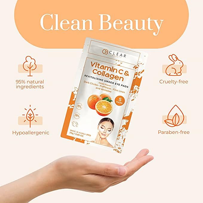 Clear Beauty Vitamin C & Collagen Under Eye Patches – Reduces Dark Circles, Puffiness & Fine Lines – Hydrating & Firming Eye Pads – Dermatologist Tested, Korean Skin Care, Vegan Clean Beauty – 5 Pack
