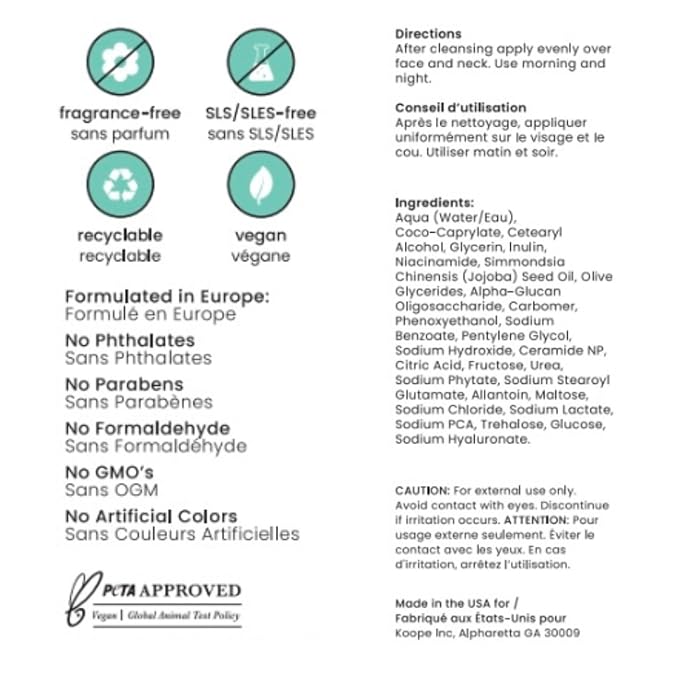 Koope Lightweight Face Cream, Moisturizer For Oily & Acne-Pron Skin, Sheer Hydration with Ceramides, Niacinamide & Hyaluronic Acid, Free of Parabens, Sulphates & Fragrances, Vegan, 1.69 FL OZ