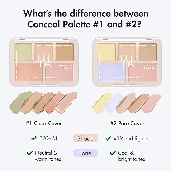 LUNA Conceal Blender Palette 02 Pure Cover 5-in-1 Color Correcting and Concealing with Lemon, Lavender Fog, Porcelain, Natural Beige and Soft Pink, Suitable for Cool and Bright Tones