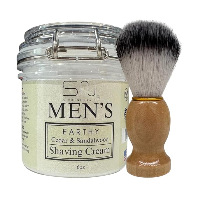 Seoul Naturals Earthy Cedarwood and Sandalwood Shaving Cream with Barber Brush, k beauty, 6 oz