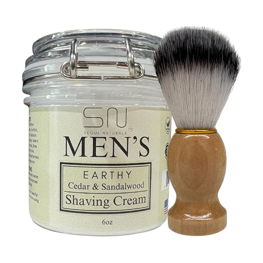 Seoul Naturals Earthy Cedarwood and Sandalwood Shaving Cream with Barber Brush, k beauty, 6 oz