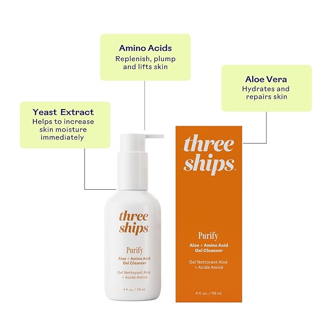 Three Ships - Purify Aloe + Amino Acid Gel Cleanser | Moisturize, Cleanse, Replenish Skin | Cruelty-Free, Vegan, Paraben-Free, Sensitive Skin Safe (4 fl oz | 118 mL)