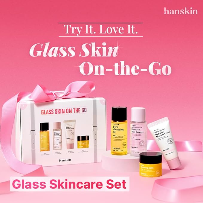 Hanskin Glass Skin On the Go Kit – Travel-Friendly Hydrating Set with PHA Cleansing Oil&Balm, Toner & Moisture Cream | TSA-Approved Mini Skincare, Holiday Stocking Stuffer, Teen Girl & Women’s Gift