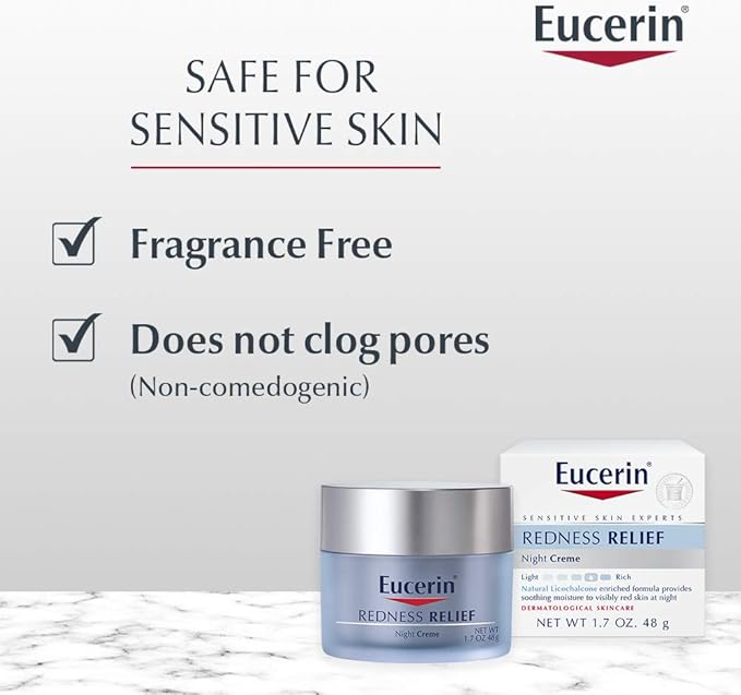 Eucerin Redness Relief Night Creme - Hydrating Cream Safe for Sensitive, Redness-Prone Skin & Rosacea - 1.7 oz Jar