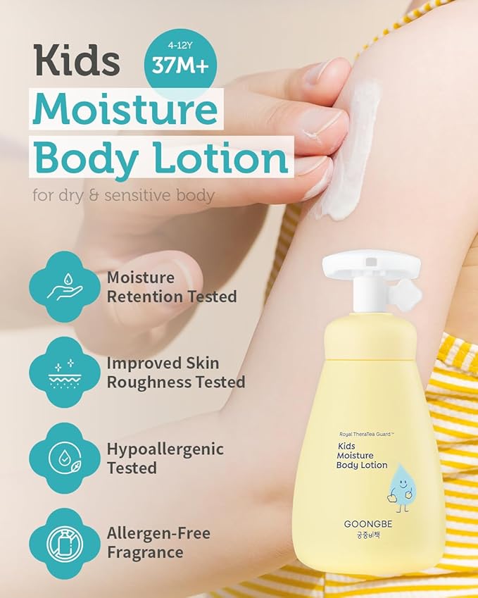 GOONGBE Kids' Moisture Body Lotion - Korean Kids Daily Body Moisturizer - Long Lasting 24hr Hydrating Cream Type Lotion with Cica and Squalane - Allergen Free Scent, 2.7 fl.oz. 2 Pack