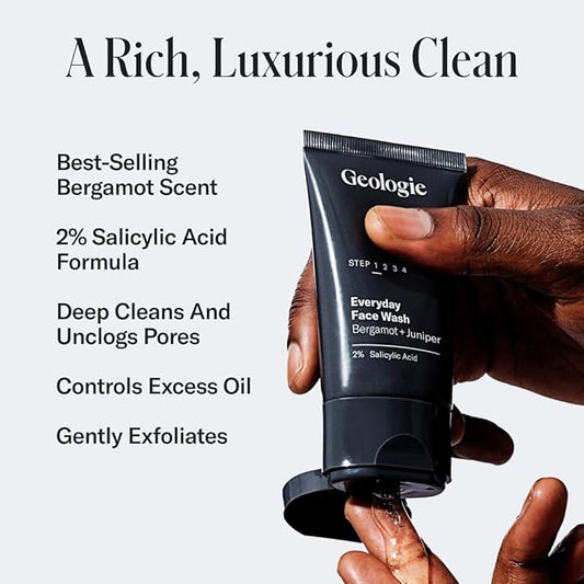Geologie 2% Salicylic Acid Face Wash Bergamot + Juniper Scent | Facial Cleanser for Men & Women | Acne & Oil Control | Deep Cleansing & BHA Exfoliating Face Wash | 4-Pack