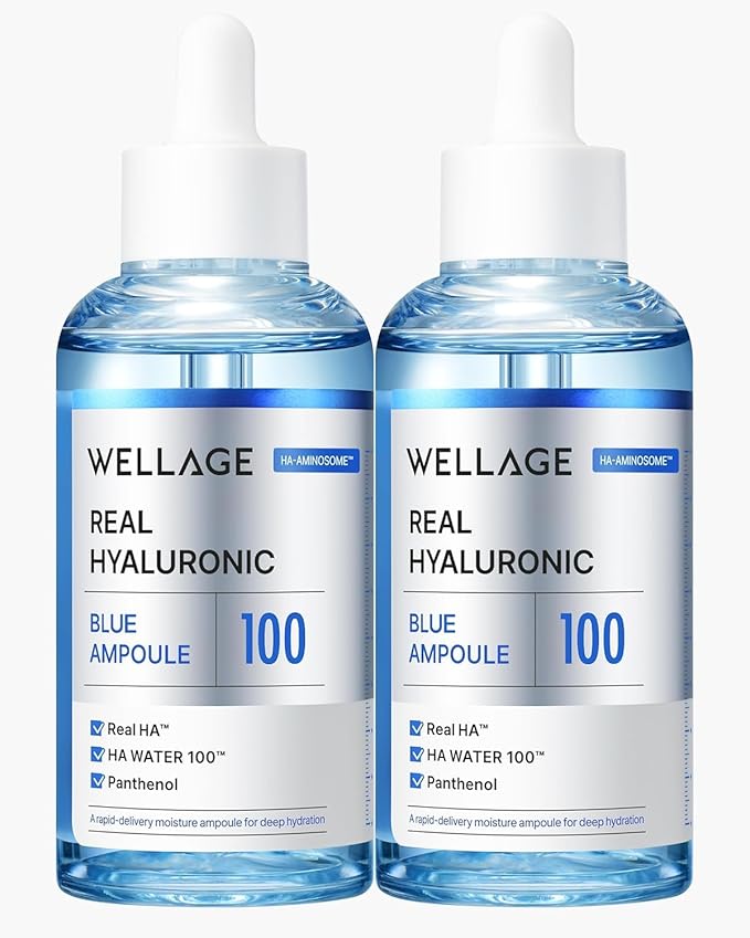 WELLAGE Real Hyaluronic Blue Ampoule 100, Korean Hydrating Serum for Face, Hyaluronic Acid Serum with Panthenol for Sensitive Skin, (3.38Fl.oz + 2.53Fl.oz)