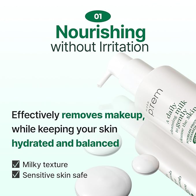 MAKE P:REM Safe Me. Relief Moisture Cleansing Milk, Hydrating Gentle Face Wash for Sensitive Skin with Soy Protein, Korean Milky Cleanser, Korean Skin Care, 16.90 fl.oz (500ml)