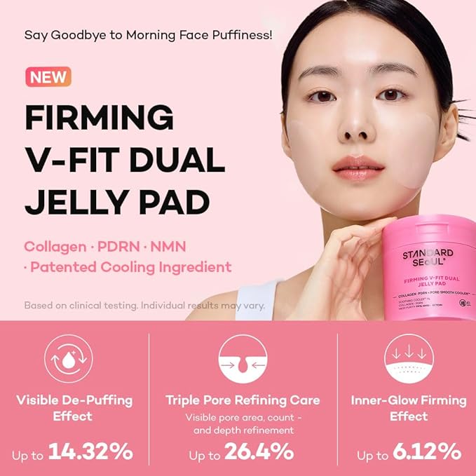 Firming V-Fit Dual Jelly Toner Pads, Pore Appearance Care & De-Puffing, Dual-Sided Cooling 2-in-1 Toner Pack and Wipe Pads with Collagen, PDRN and Peptides, 60 Pads