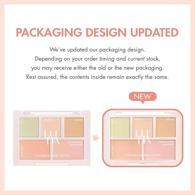 LUNA Conceal Blender Palette 01 Clear Cover 5-in-1 Color Correcting and Concealing with Beige, Green, Vanila, Medium Peach and Pure Bright Buildable, Suitable for Neutral and Warm Tones