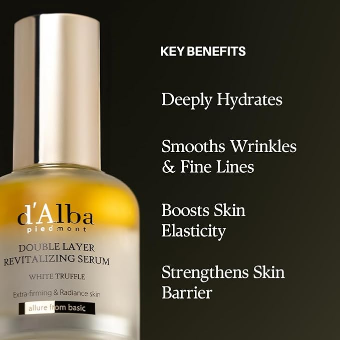 d'alba Piedmont White Truffle Double Layer Revitalizing Serum, 100hr Hydration, Hyaluronic Acid and Centella Asiatica, Skin Firming, Tightening, Long-lasting Korean Skin Care (1.69 fl.oz)