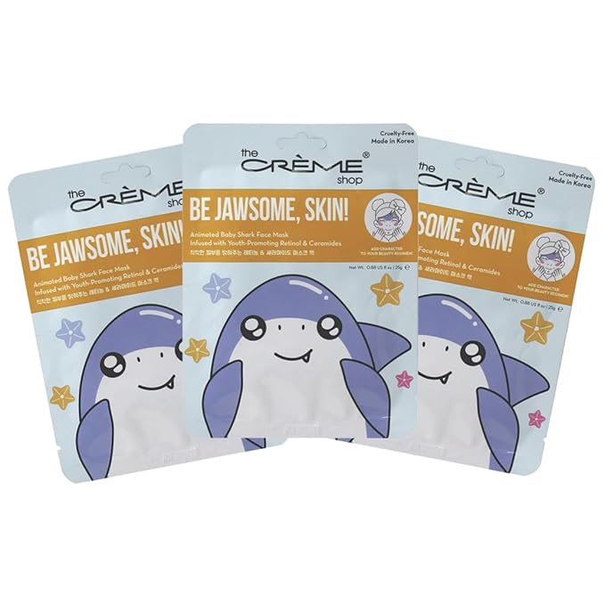 The Crème Shop Be Jawsome, Skin! Animated Shark Face Mask, Retinol Facial Mask with Ceramides, K Beauty Sheet Mask - 3 Pack
