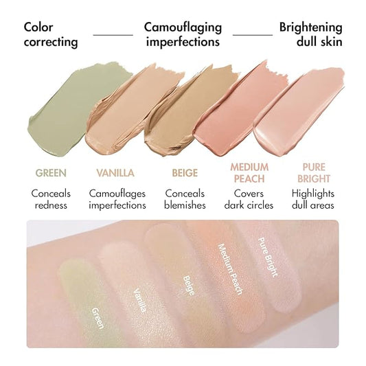 LUNA Conceal Blender Palette 01 Clear Cover 5-in-1 Color Correcting and Concealing with Beige, Green, Vanila, Medium Peach and Pure Bright Buildable, Suitable for Neutral and Warm Tones