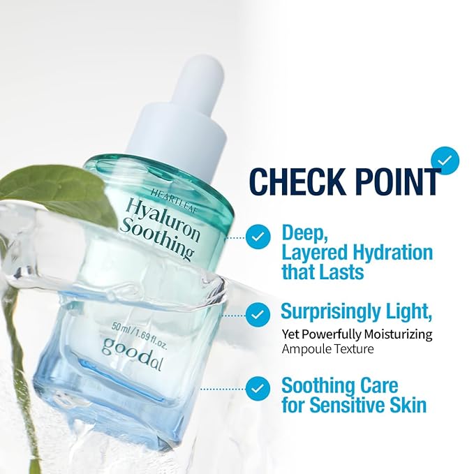 GOODAL Heartleaf Hyaluron Soothing Ampoule, Hydration Facial Serum for Glowy Skin, Lightweight Serum, Korean Skincare, K Beauty Ampoule - 50ml,1.69 Fl oz