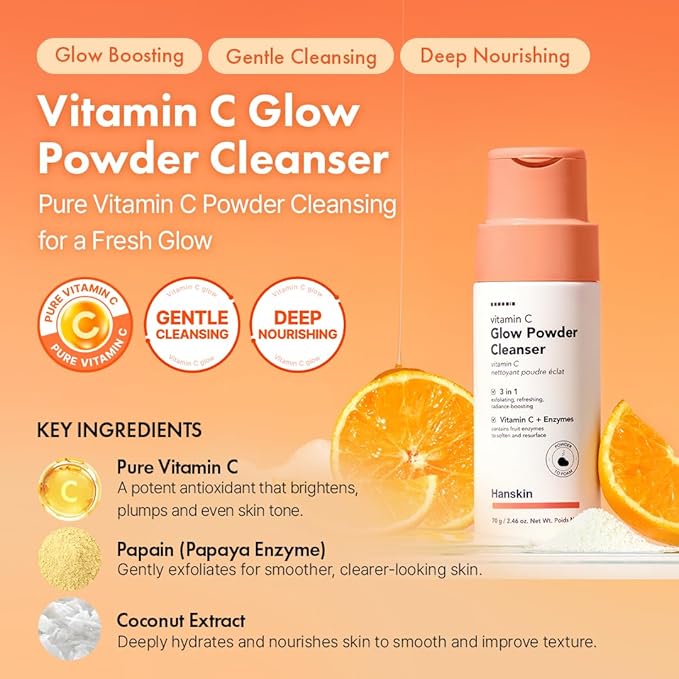 Hanskin Vitamin C Glow Powder Cleanser – Korean Brightening, Exfoliating Face Wash | Papaya Enzyme + Vitamin C for Radiant, Smooth, Even-Toned Skin | Gentle Daily Powder-to-Foam Cleanser | 2.36 fl oz