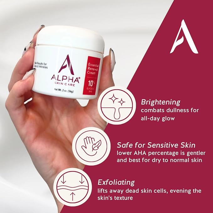 Alpha Skin Care Essential Renewal Cream, 10% Glycolic AHA, Anti-Aging Formula, Reduces Lines & Wrinkles, Alpha Hydroxy Acid Exfoliates for Smoother Skin, Normal, Sensitive or Dry Skin, 2 Oz, Pack of 2