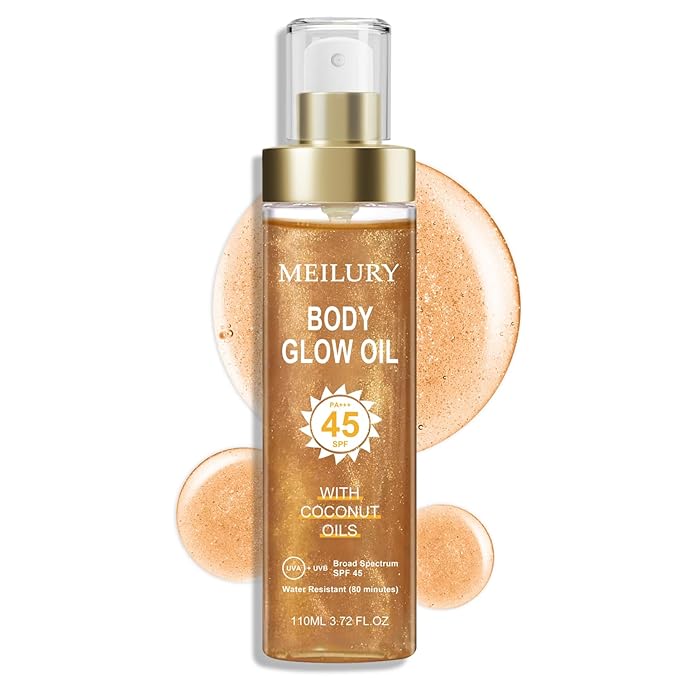 Body Glow Oil, SPF 45 Broad Spectrum, Sunscreen Body Oil with Rose Gold Mica, Moisturizing Coconut, Glow Moisturizer, Lightweight, Water Resistant, 3.72 fl oz(#3 AMBER)