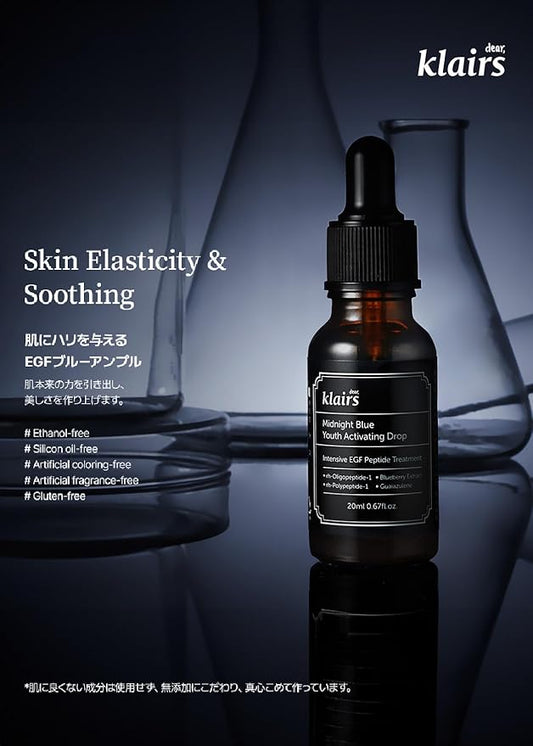 DearKlairs Korean EGF Serum – Blue Youth Activating Drop with EGF Peptides and Guaiazulene, Repairing Serum for Redness and Blemish-prone Skin, Visibly Fades Post-Blemish Marks, 0.67 Fl Oz