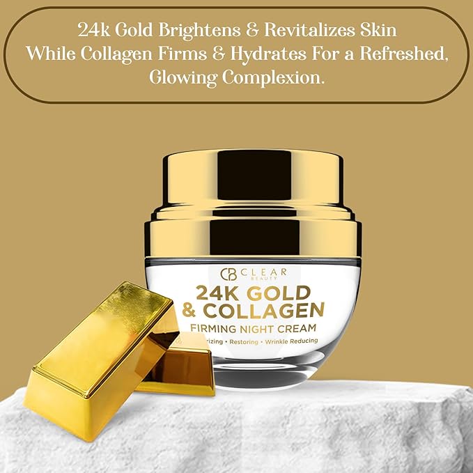 Clear Beauty 24K Gold & Collagen Night Cream – Firming & Ultra Hydrating Face Moisturizer – Restores Smooth, Youthful Looking Skin – Dermatologist Tested, Korean Skin Care, Clean Beauty – 1.69 Fl Oz