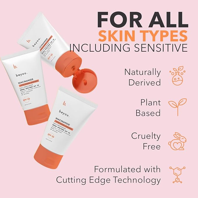 Beyou Niacinamide Daily Mineral Face Sunscreen SPF 50 – Tinted Zinc Oxide Sunscreen, Lightweight & Fast-Absorbing, Oil-Free, For All Skin Types – 1.69 fl oz