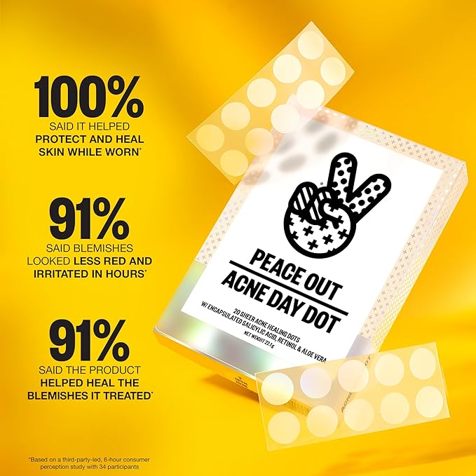PEACE OUT Acne Day Dot Sheer Hydrocolloid Pimple Patches, Invisible Acne Spot Patches with Encapsulated Salicylic Acid, Retinol, and Aloe Vera, 40 Dots