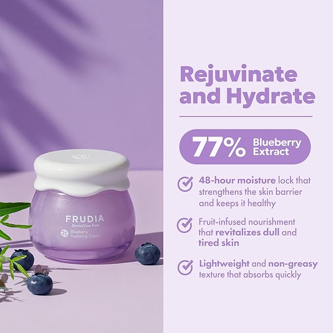 FRUDIA Blueberry Hydrating Face Cream (0.35 oz) – 48-Hour Deep Hydrating Korean Face Moisturizer w/77% Blueberry Extract, Panthenol & Fruit Seed Oils for Dry Skin | Vegan & Cruelty Free